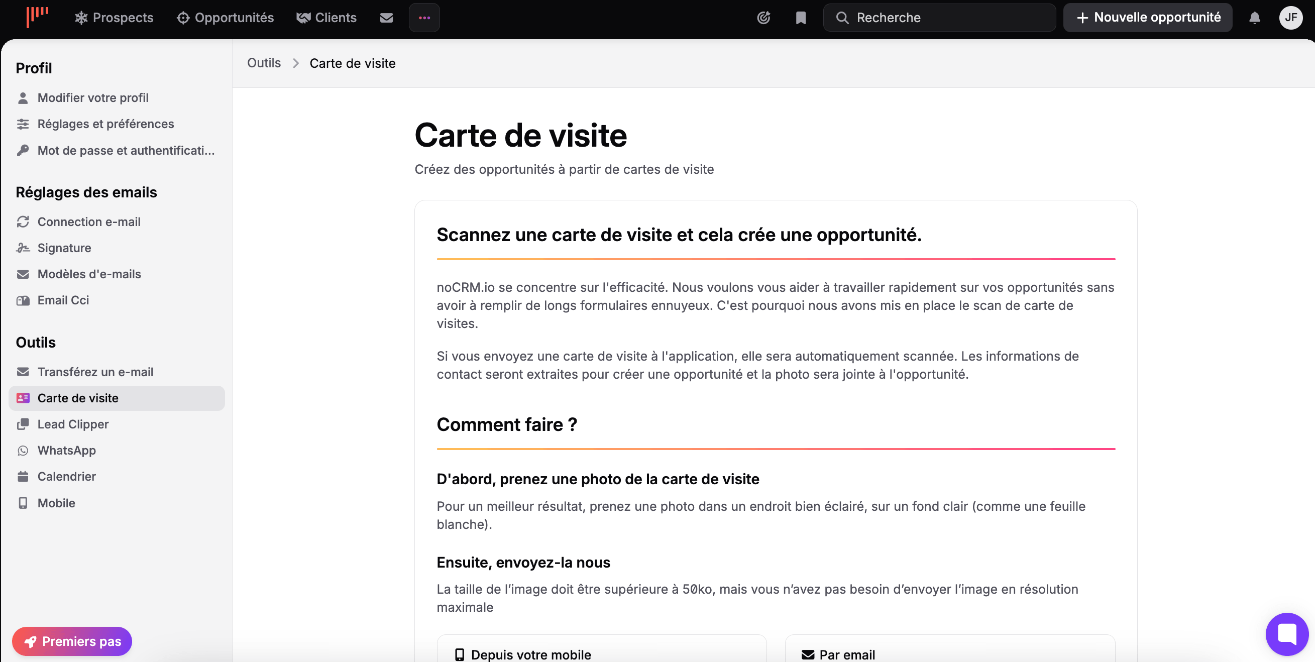 Digitalização de cartão de visita no noCRM