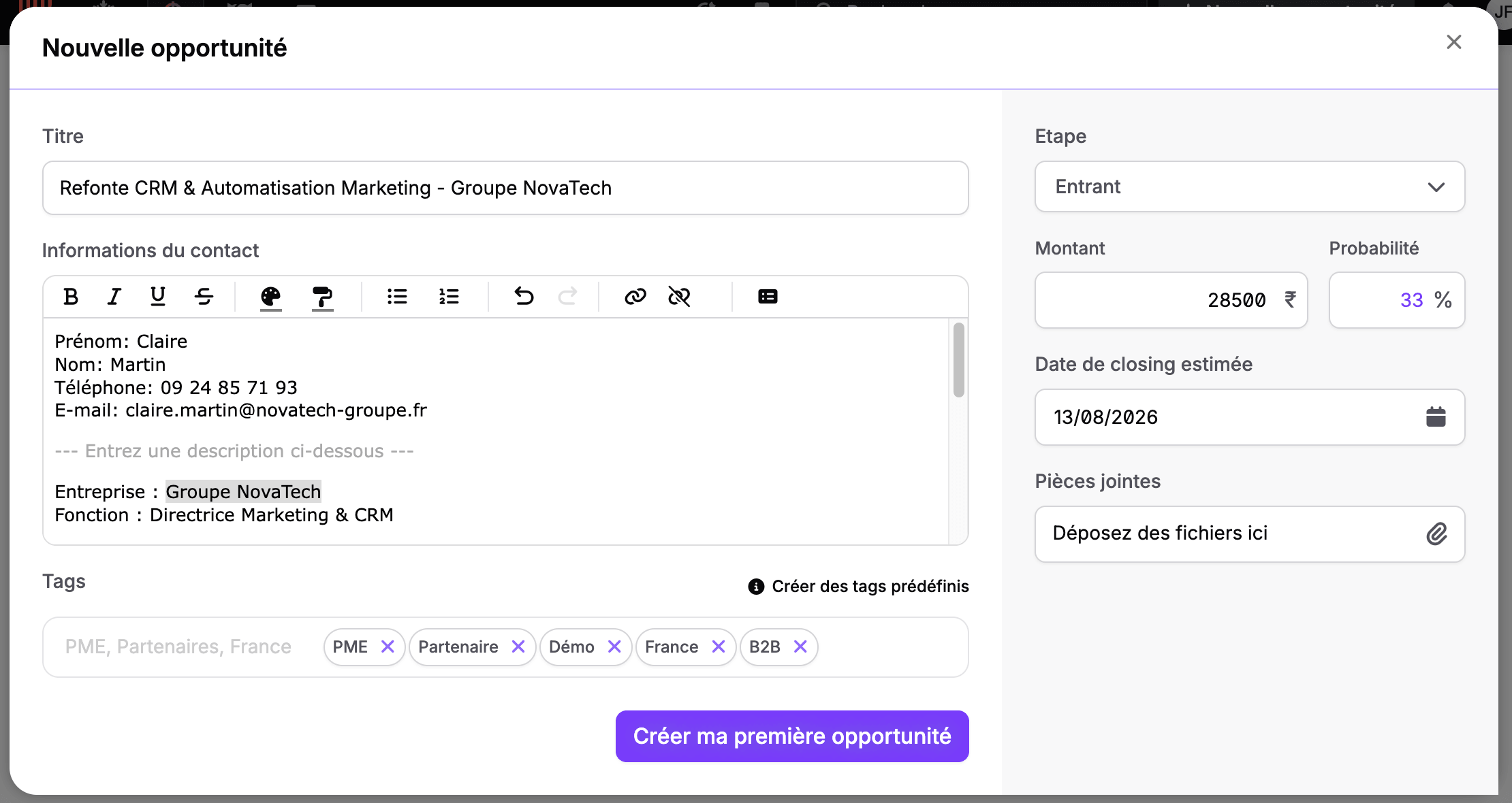 Criação de uma oportunidade no noCRM