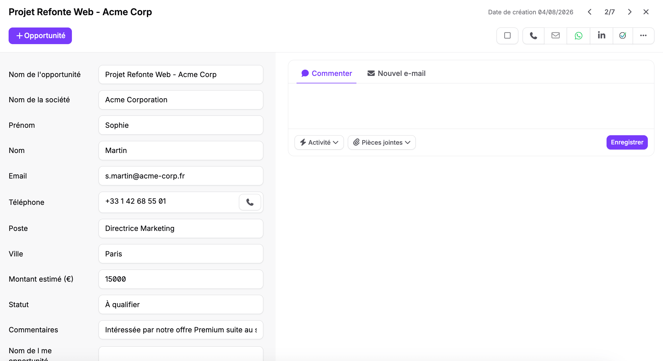 Ficha de cliente potencial noCRM com navegação e conversão em oportunidade