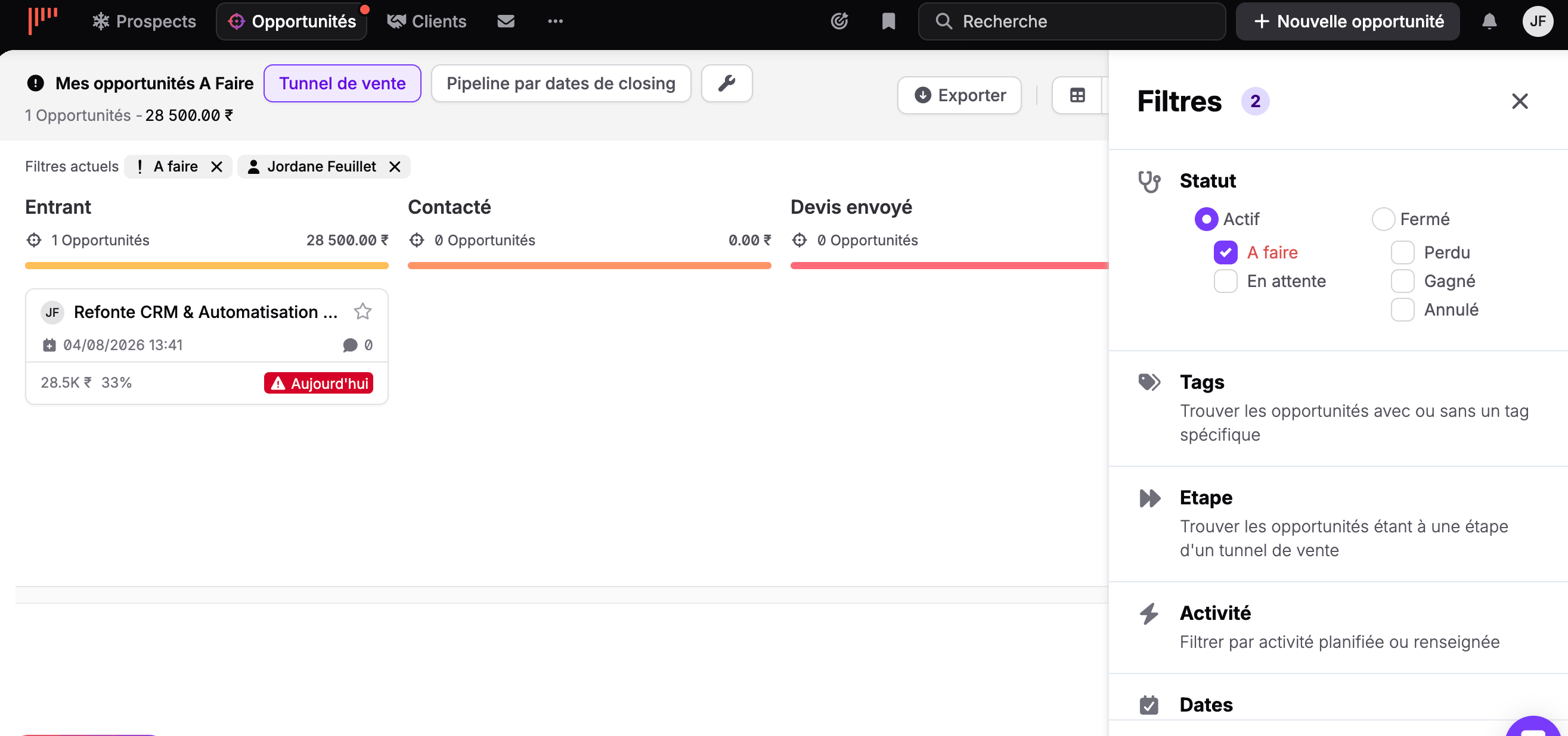 Painel de filtros do pipeline do noCRM