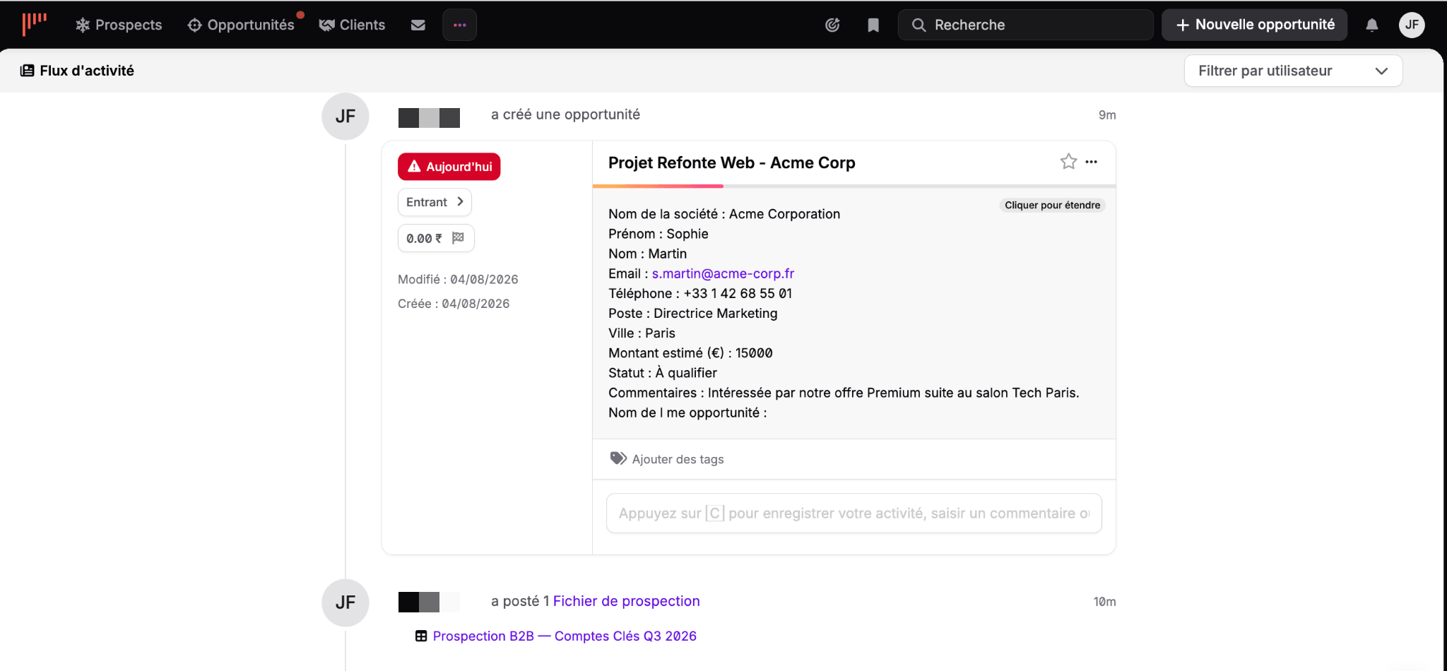 Fluxo de atividades da equipe no noCRM