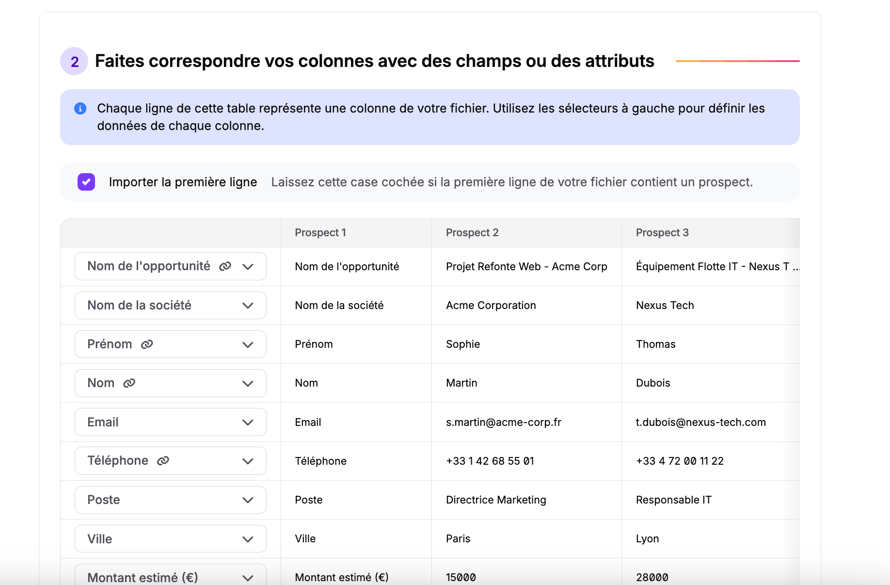 Correspondência de colunas durante a importação no noCRM