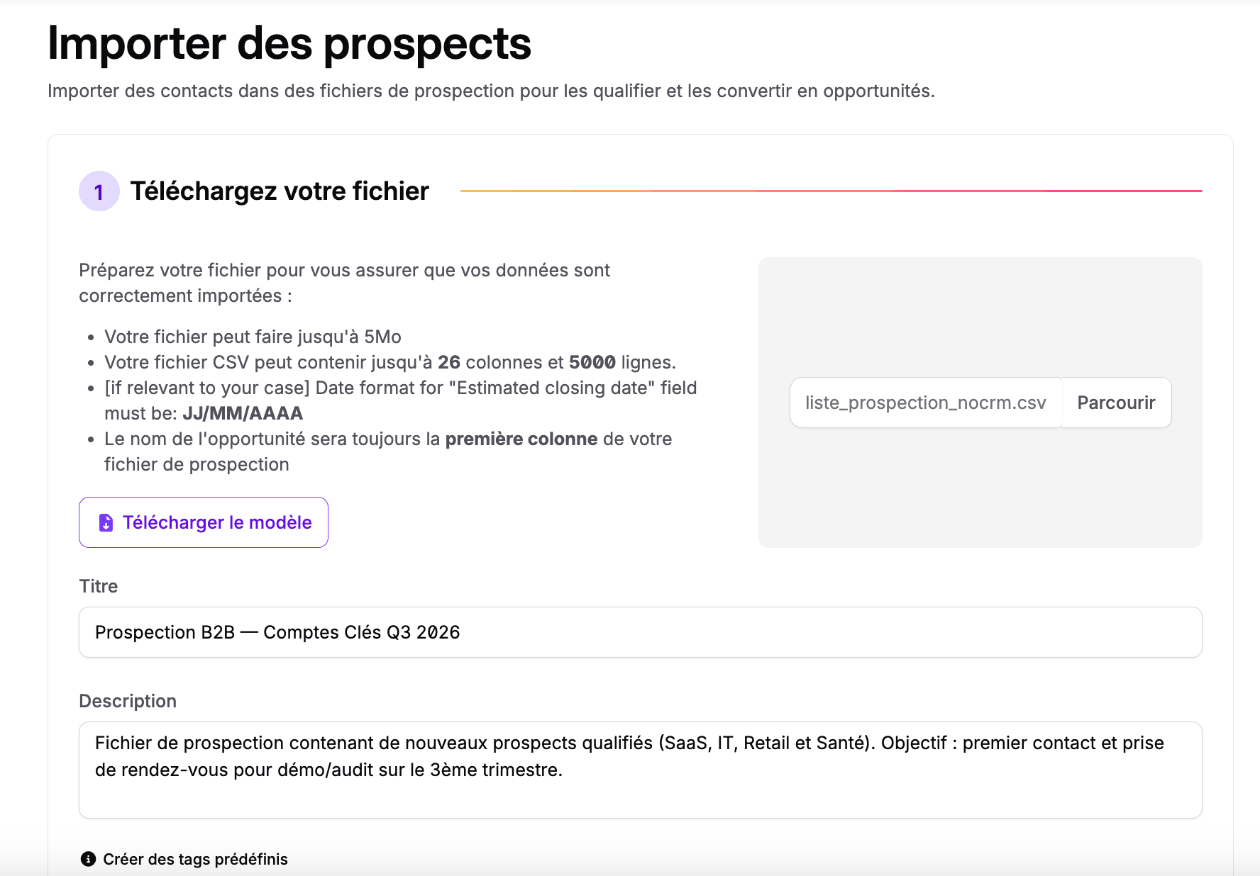 Tela de importação de leads no noCRM e suas limitações
