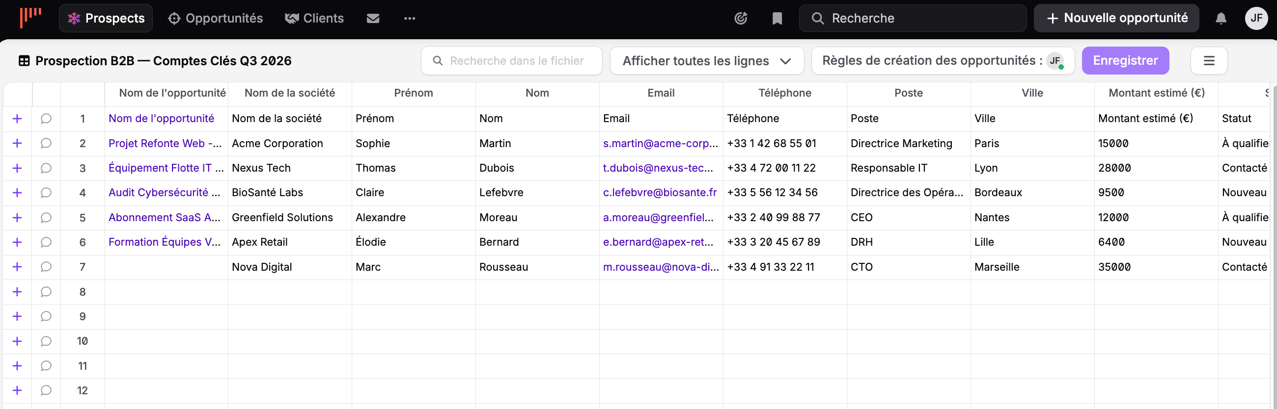 Lista de prospecção do noCRM em formato de planilha