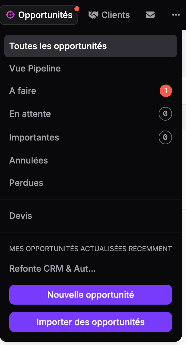Menu de oportunidades no noCRM