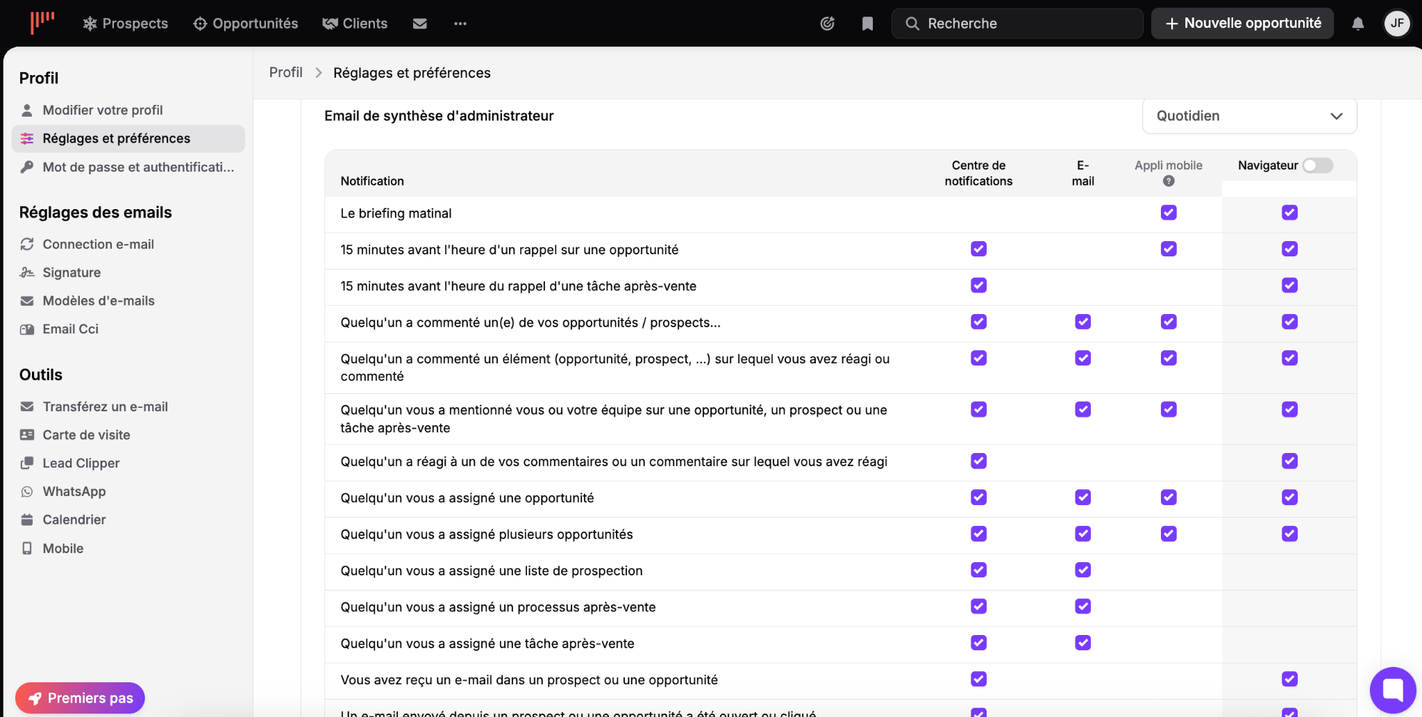 Configurações de notificações no noCRM