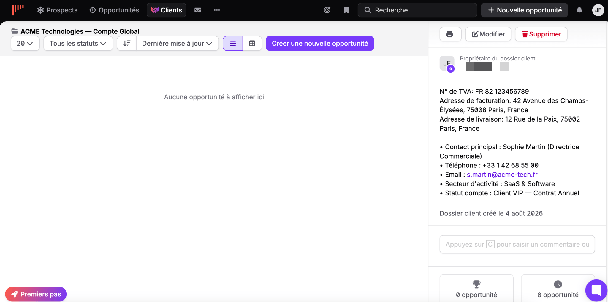 Visão geral de um arquivo de cliente no noCRM