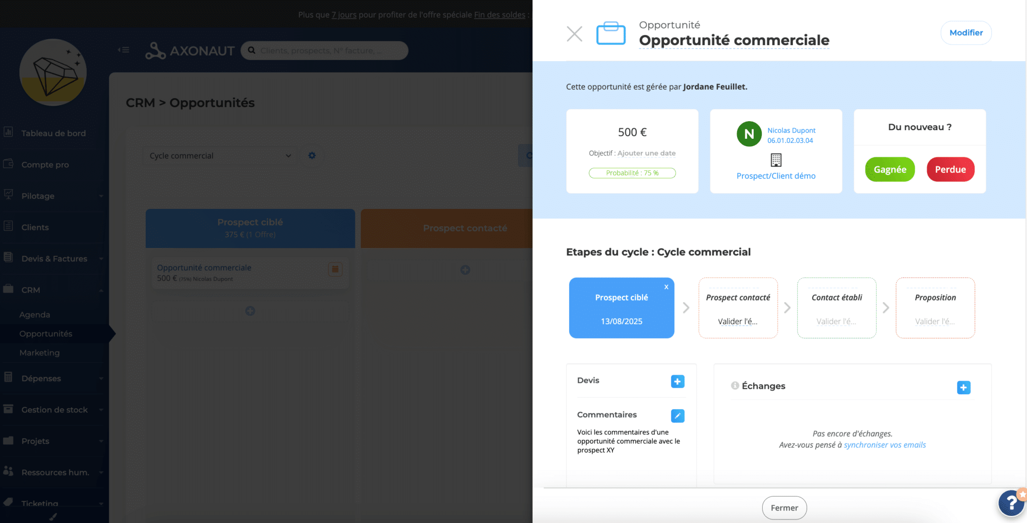 Axonaut, détail d'une opportunité avec historique et prochaines actions