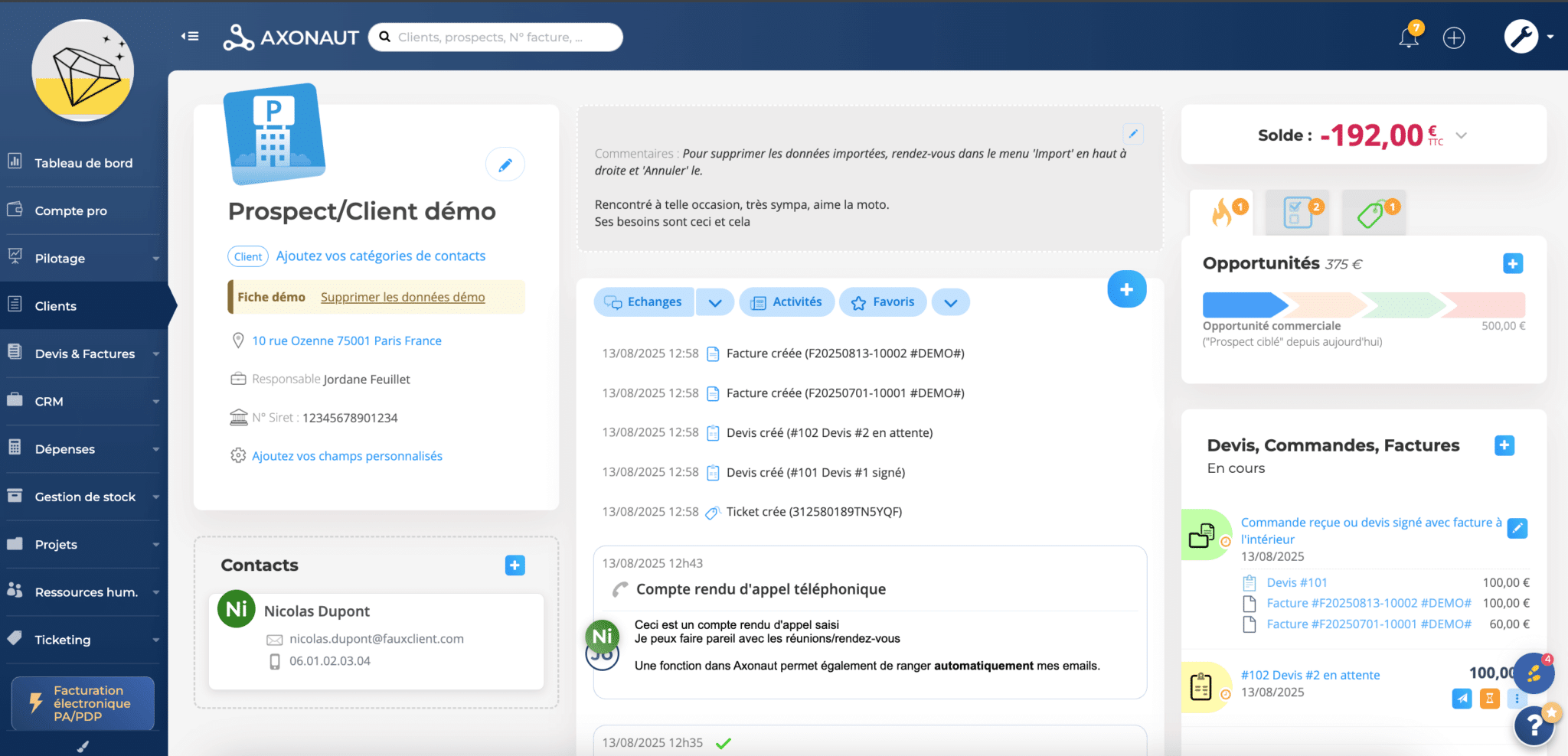 Axonaut, fiche prospect ou client avec historique et tâches
