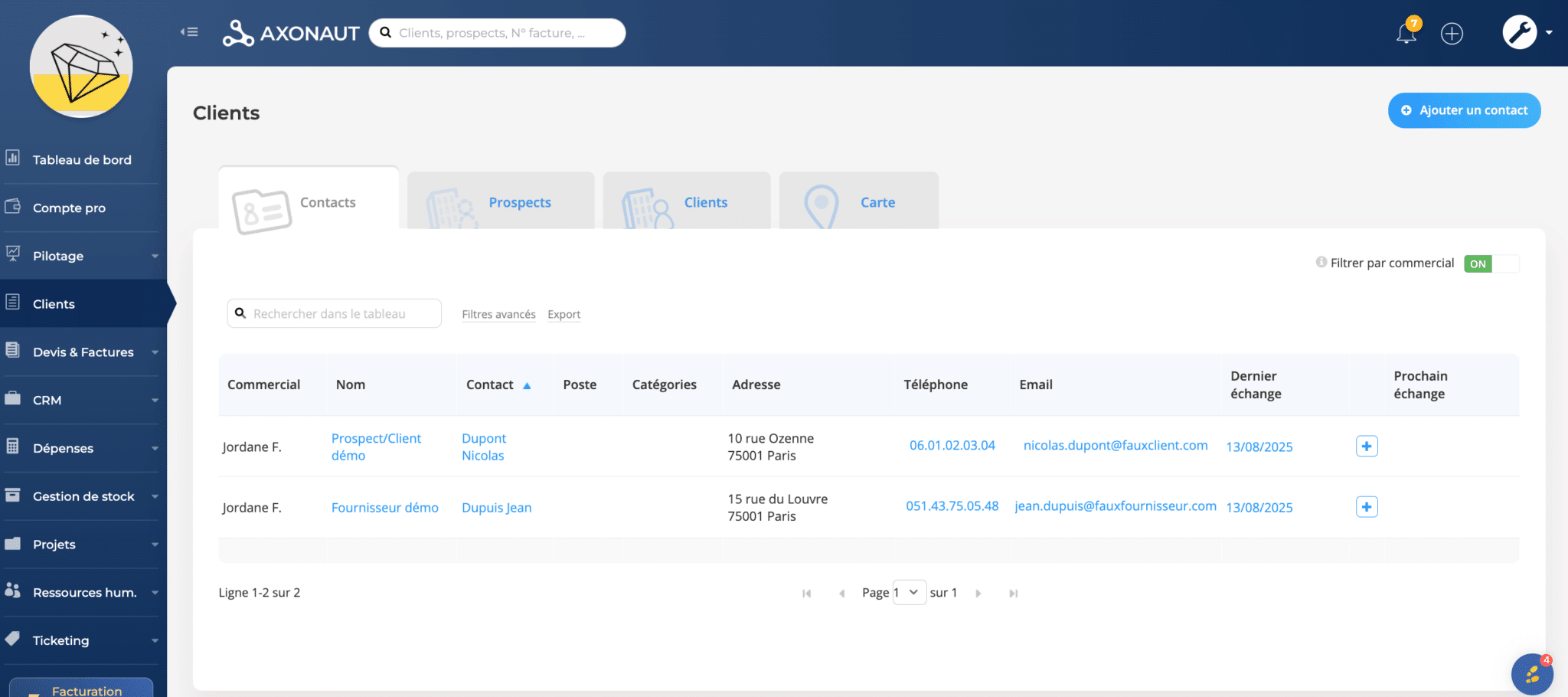 Axonaut, gestion des contacts et filtres avancés