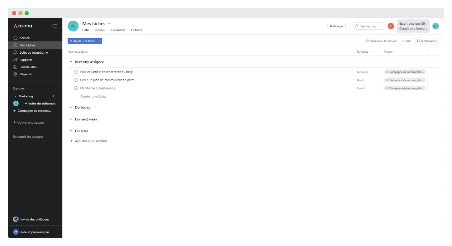 tâches asana