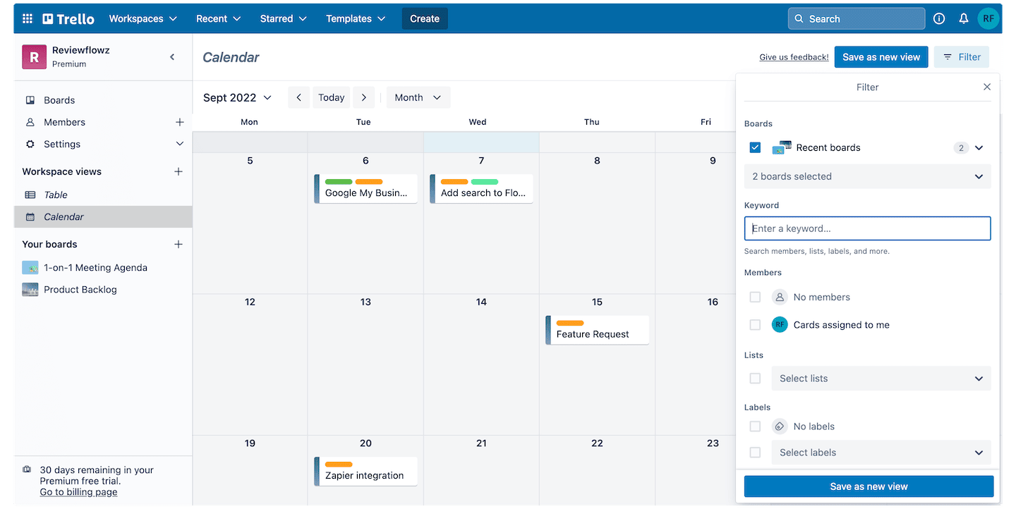 Vista de calendario en Trello