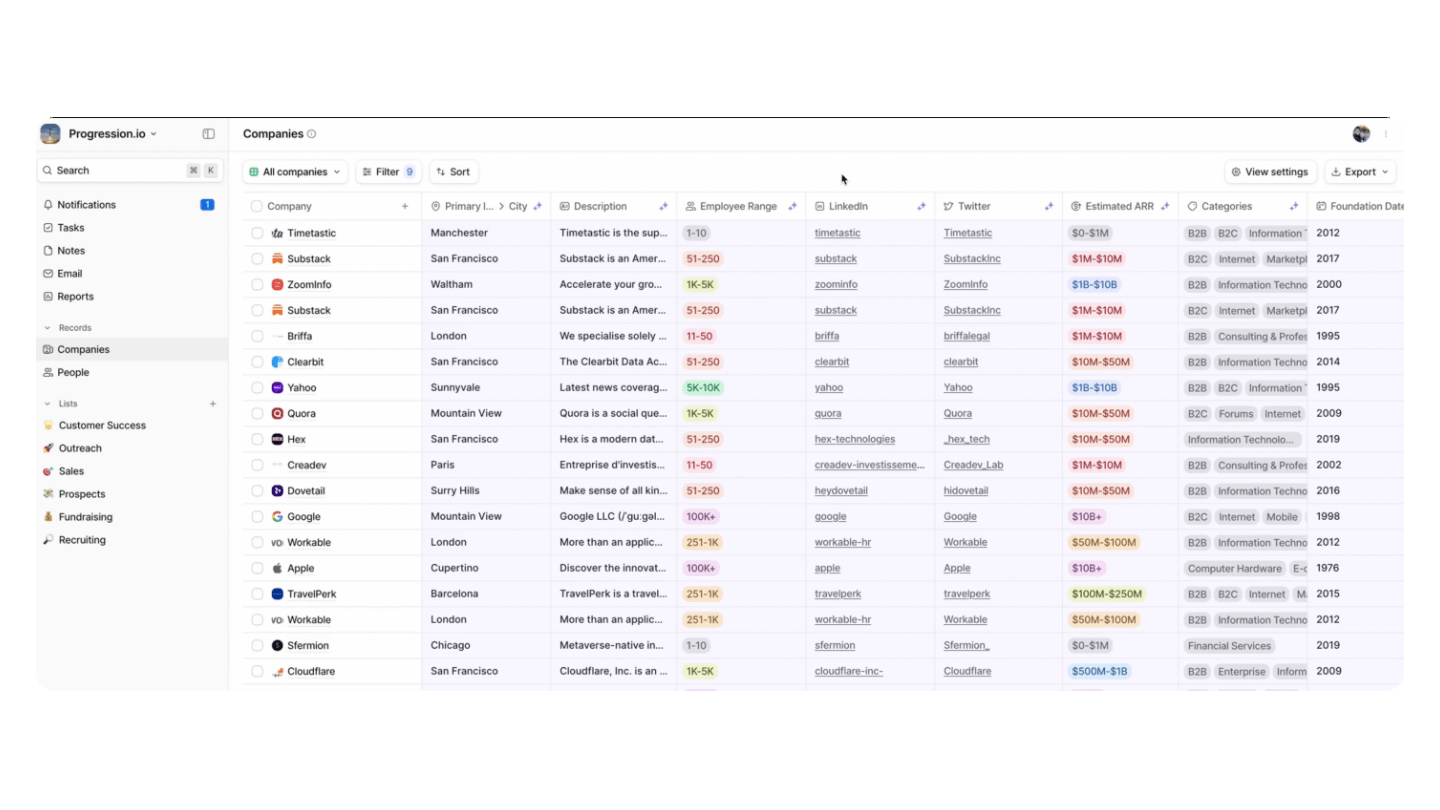 Lista de contas da interface do attio crm