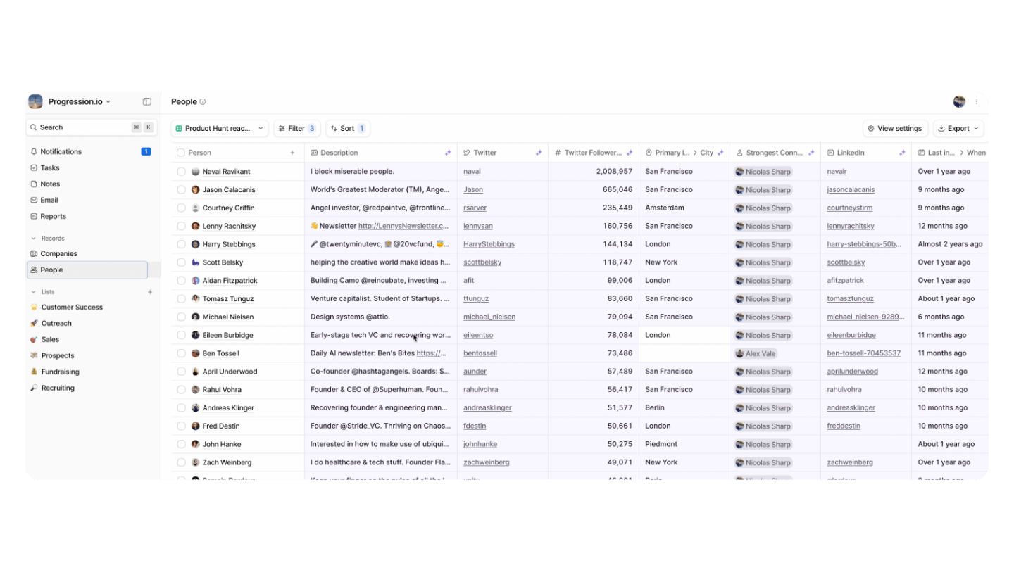 Lista de contatos da interface do attio crm