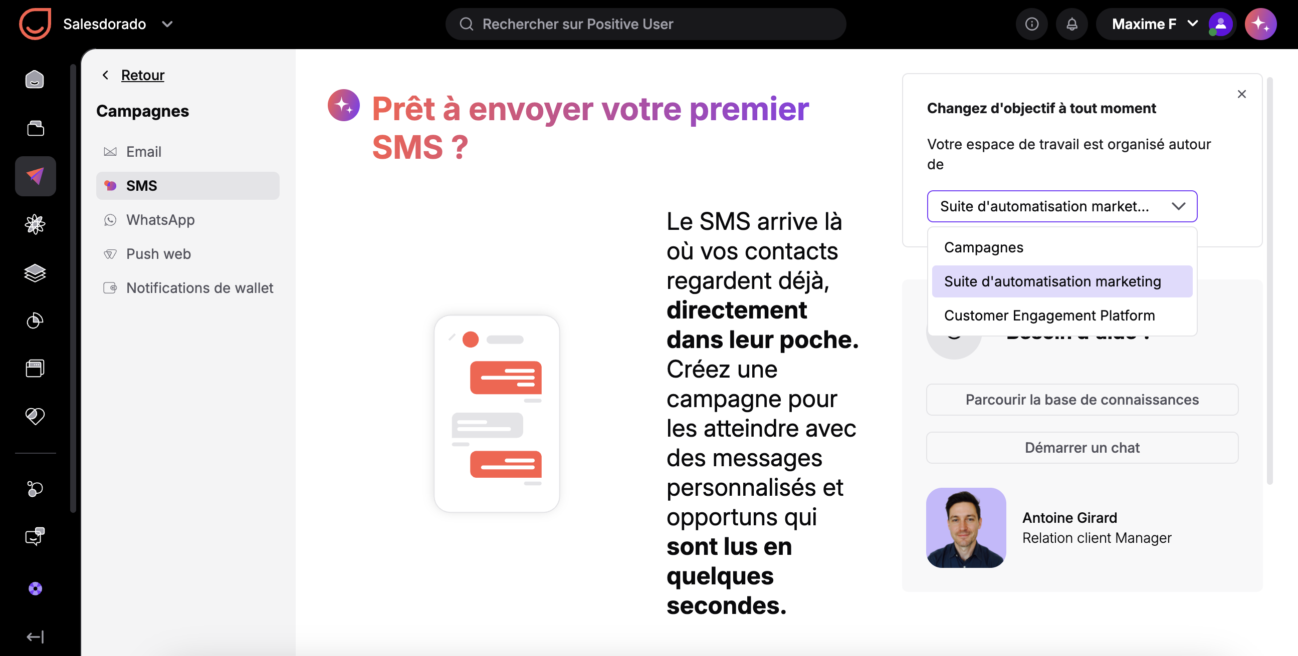 Campañas de SMS de Positive User y selección del espacio de trabajo