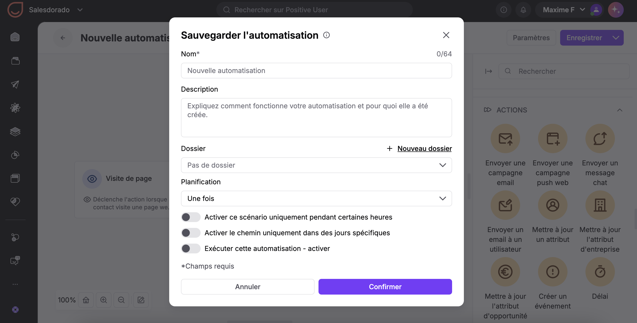 Configuración de un escenario de automatización en Positive User