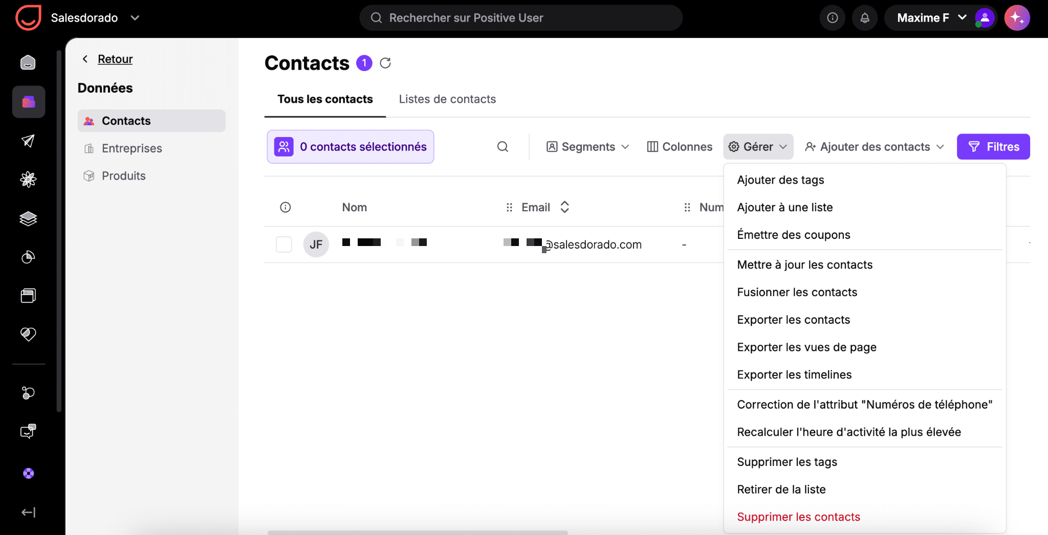 Gestión de contactos y listas en Positive User