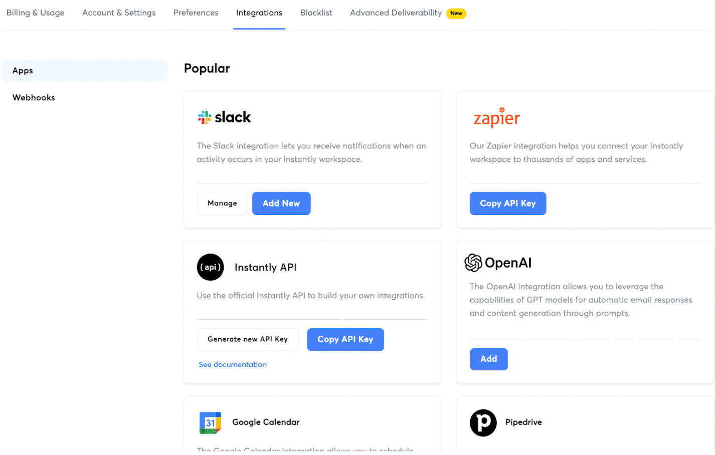 Integrations available in Instantly