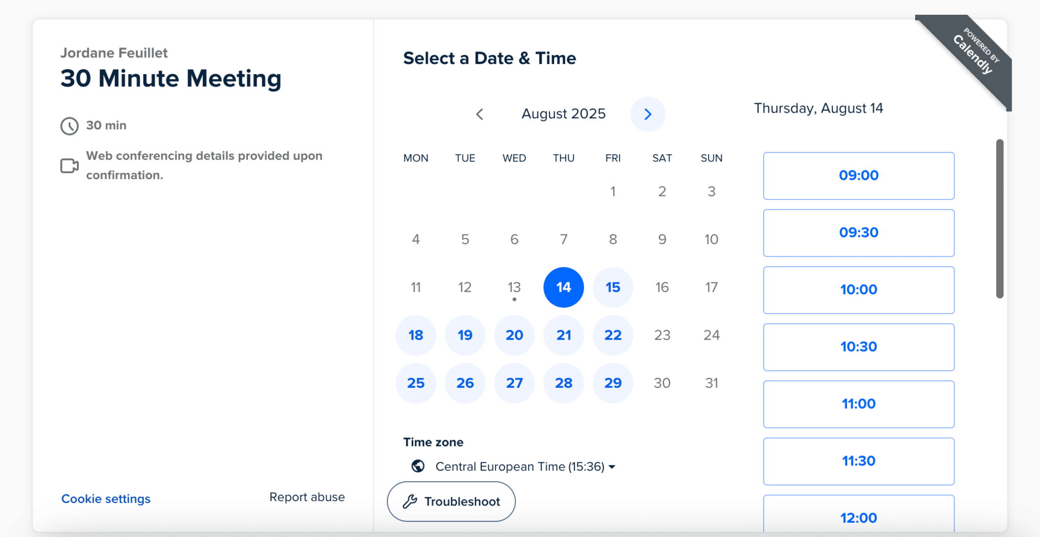 Page de sélection de créneau sur Calendly