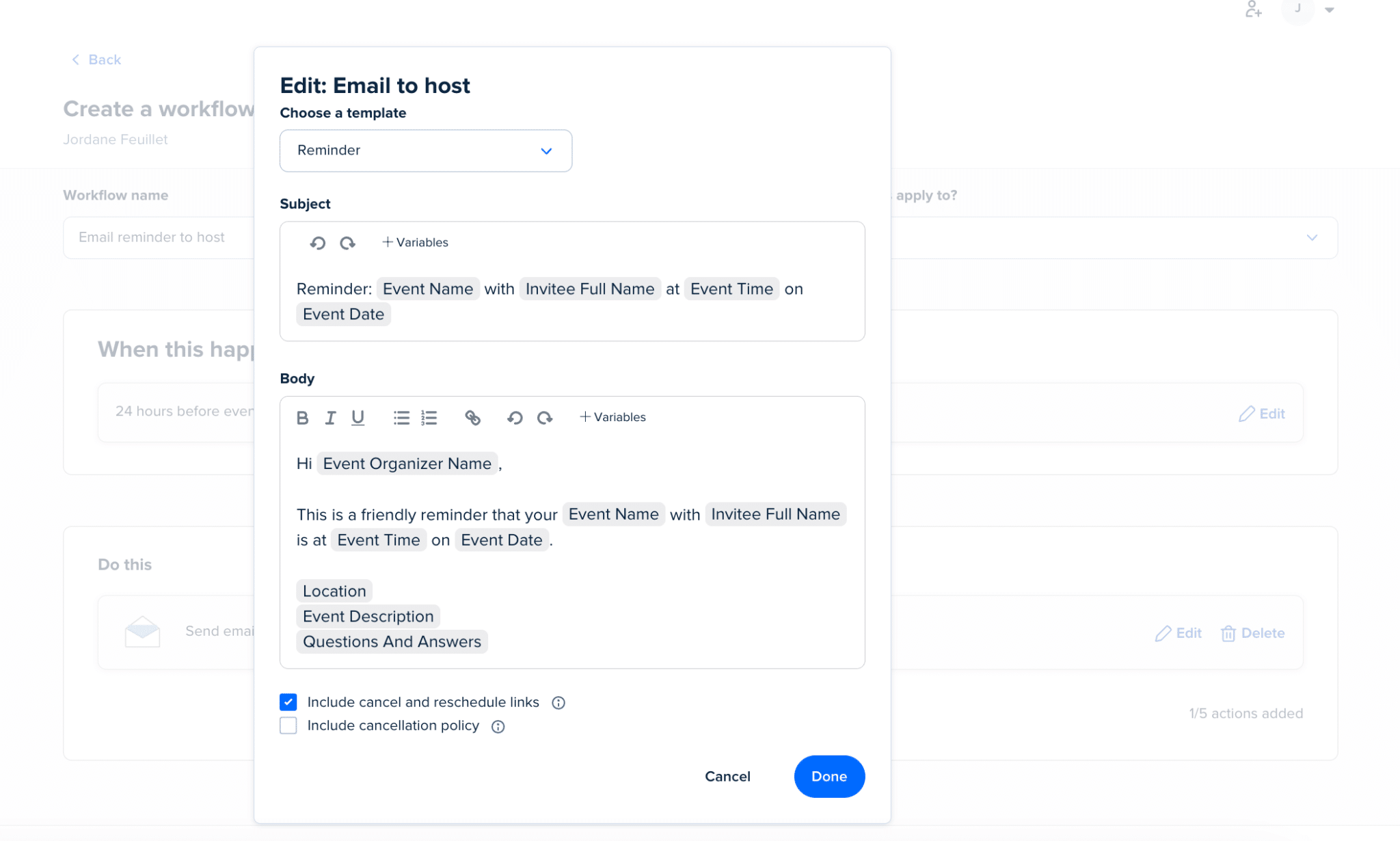 Exemple d'édition d'un rappel e-mail dans Calendly