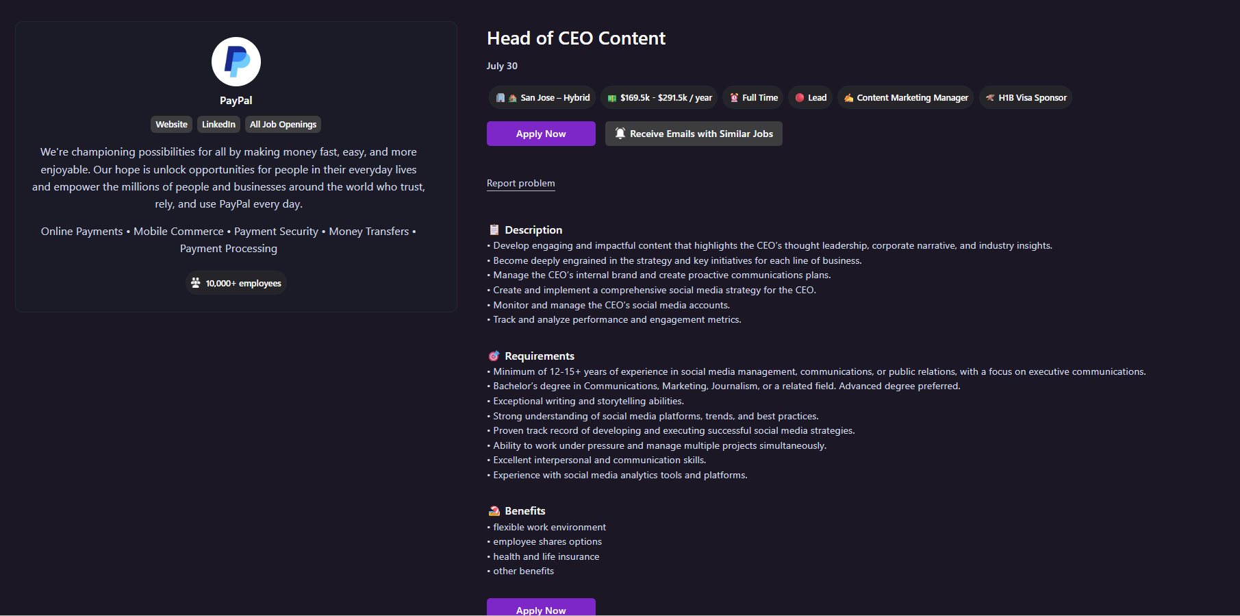 Annonce Paypal Head of CEO Content