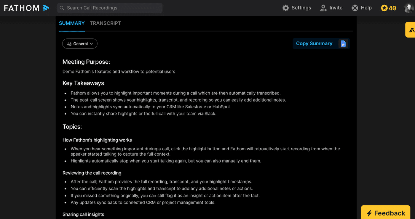 Fathom AI - vue d'ensemble des réunions
