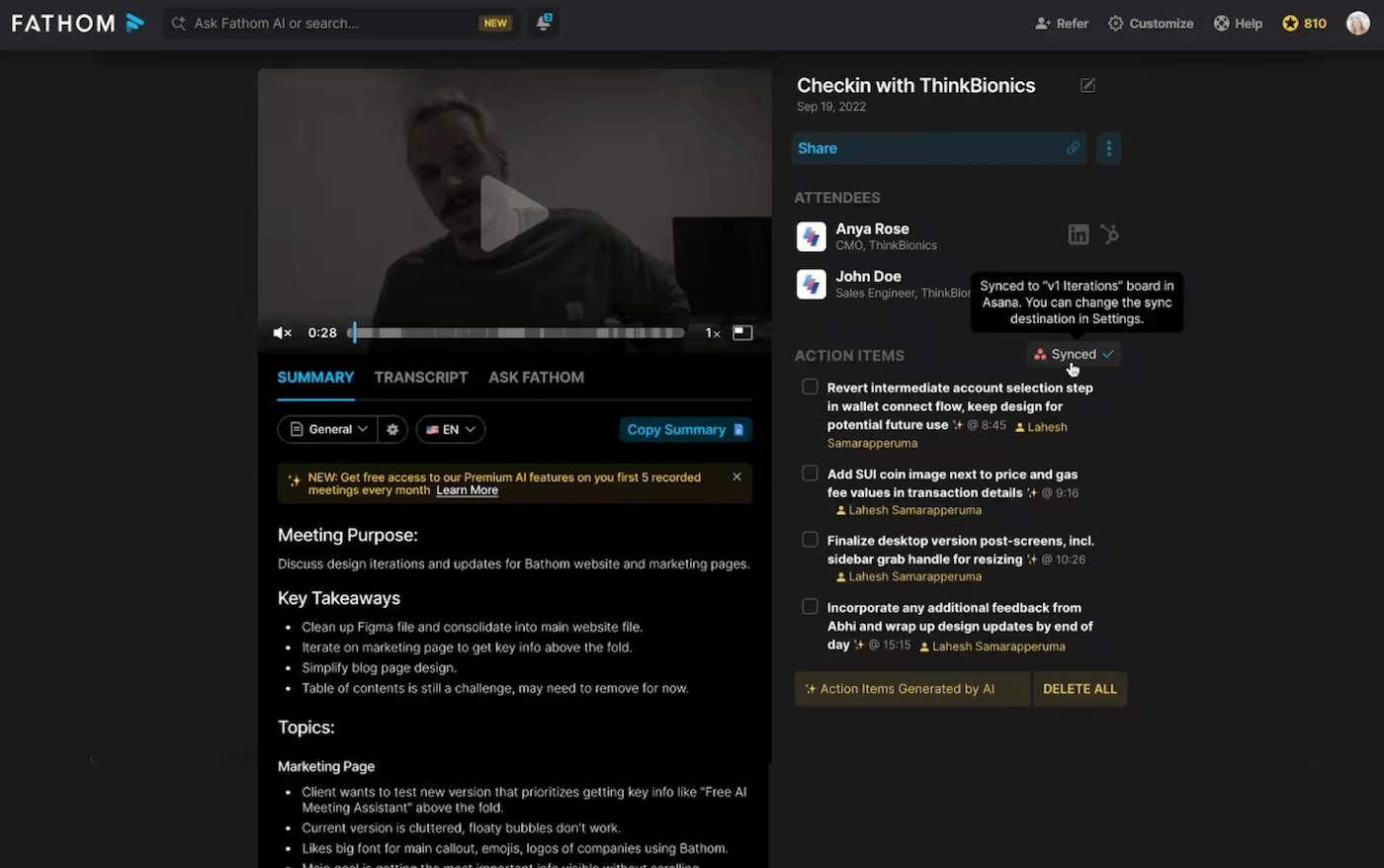 Fathom AI - interface de résumé