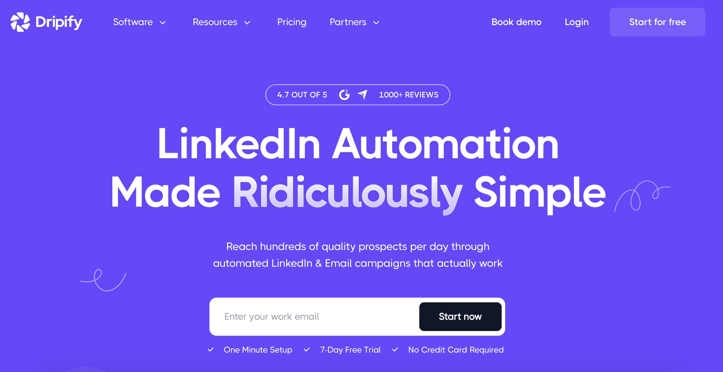 La page d'accueil de Dripify et sa promesse : automatiser LinkedIn de façon « ridiculement simple »