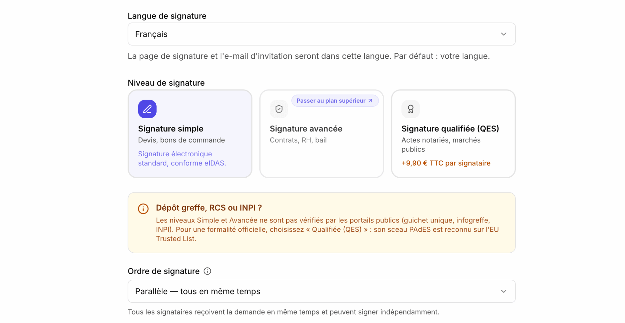 Choix du niveau de signature dans Certyneo