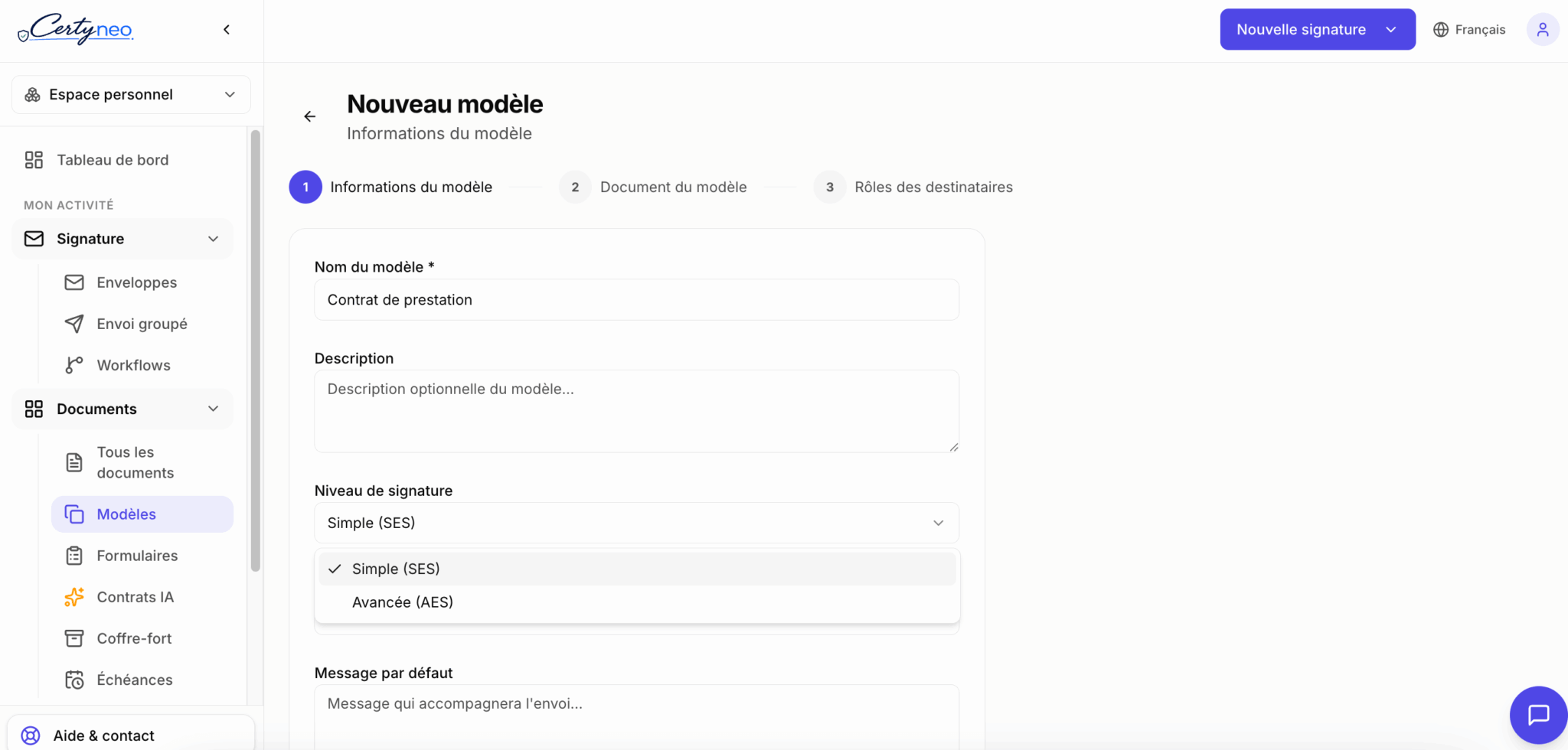 Création d'un modèle dans Certyneo