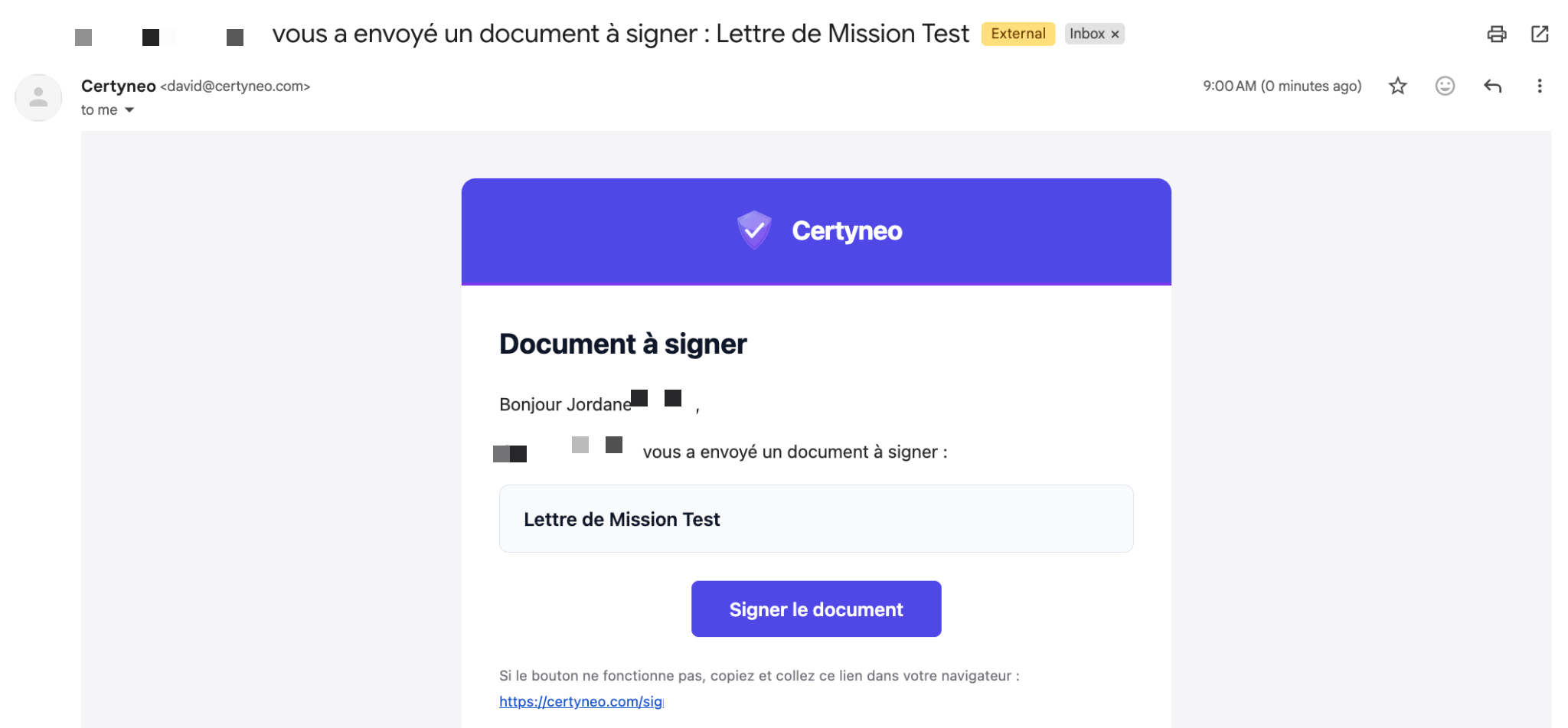 E-mail d'invitation à signer Certyneo