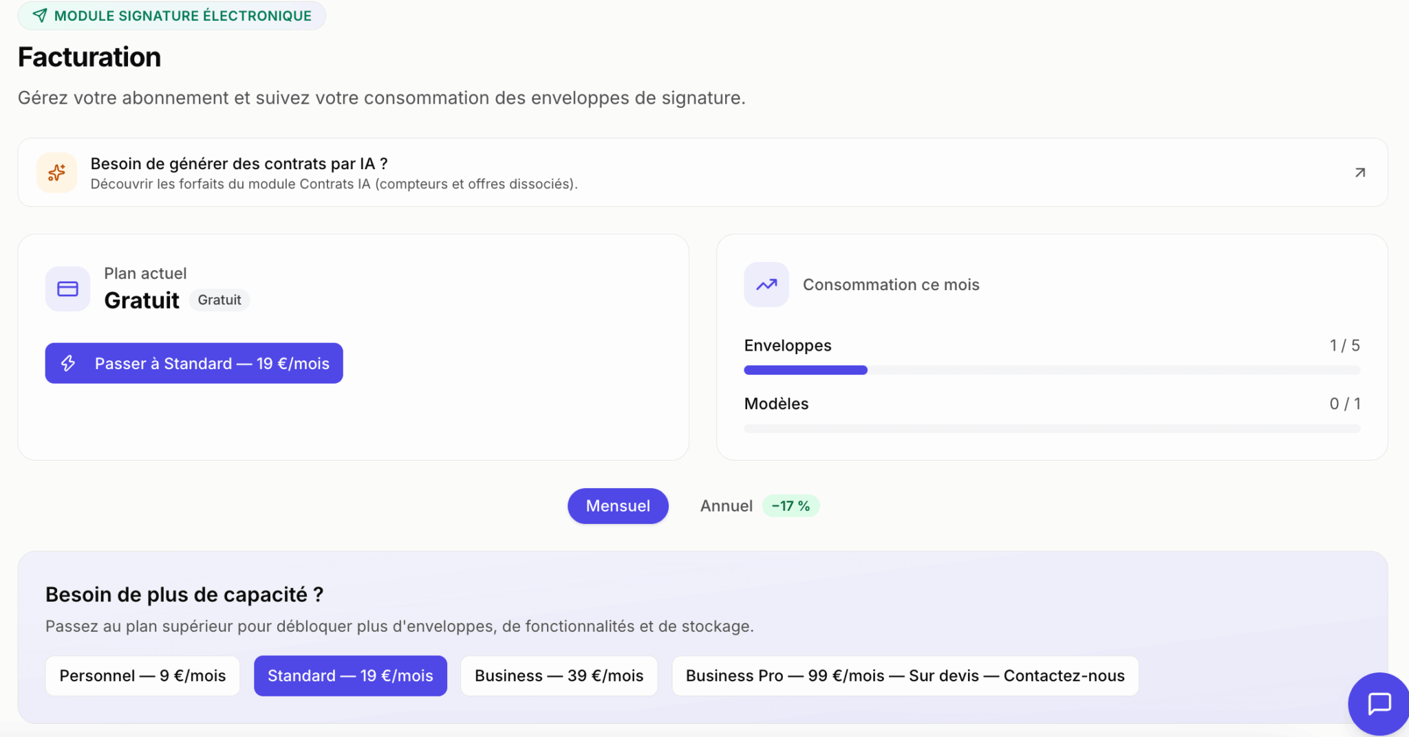 Page facturation et plans Certyneo