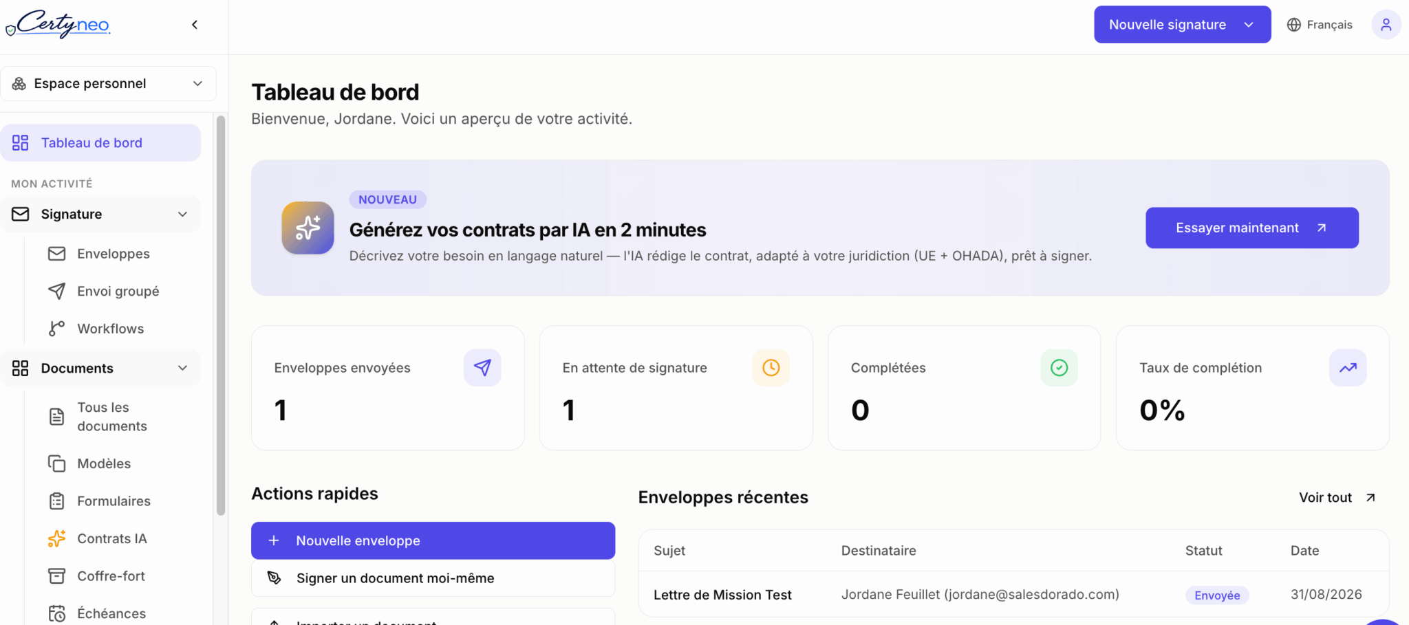 Tableau de bord Certyneo