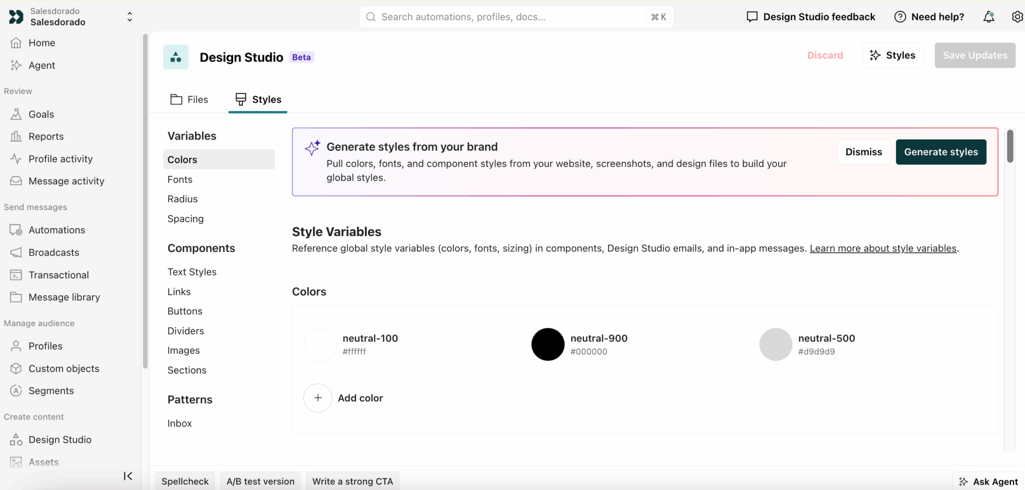 Génération de styles de marque dans le Design Studio de Customer.io