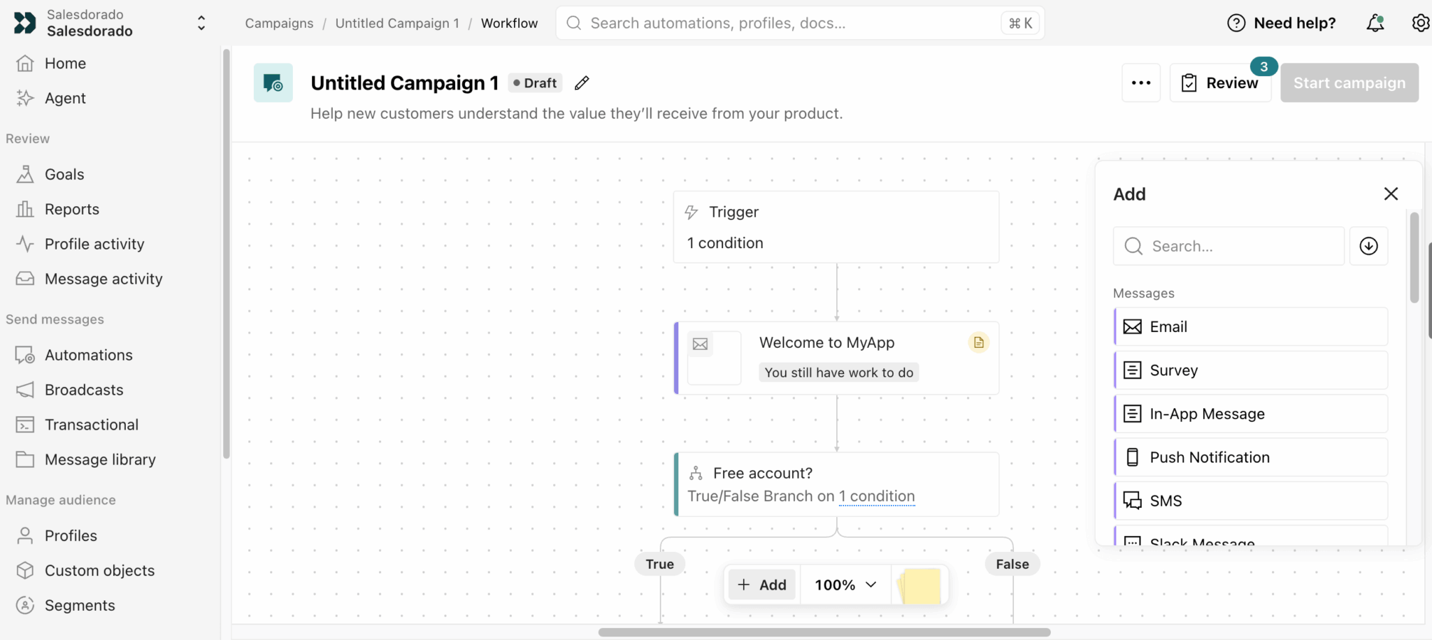 Constructeur de parcours visuel Customer.io