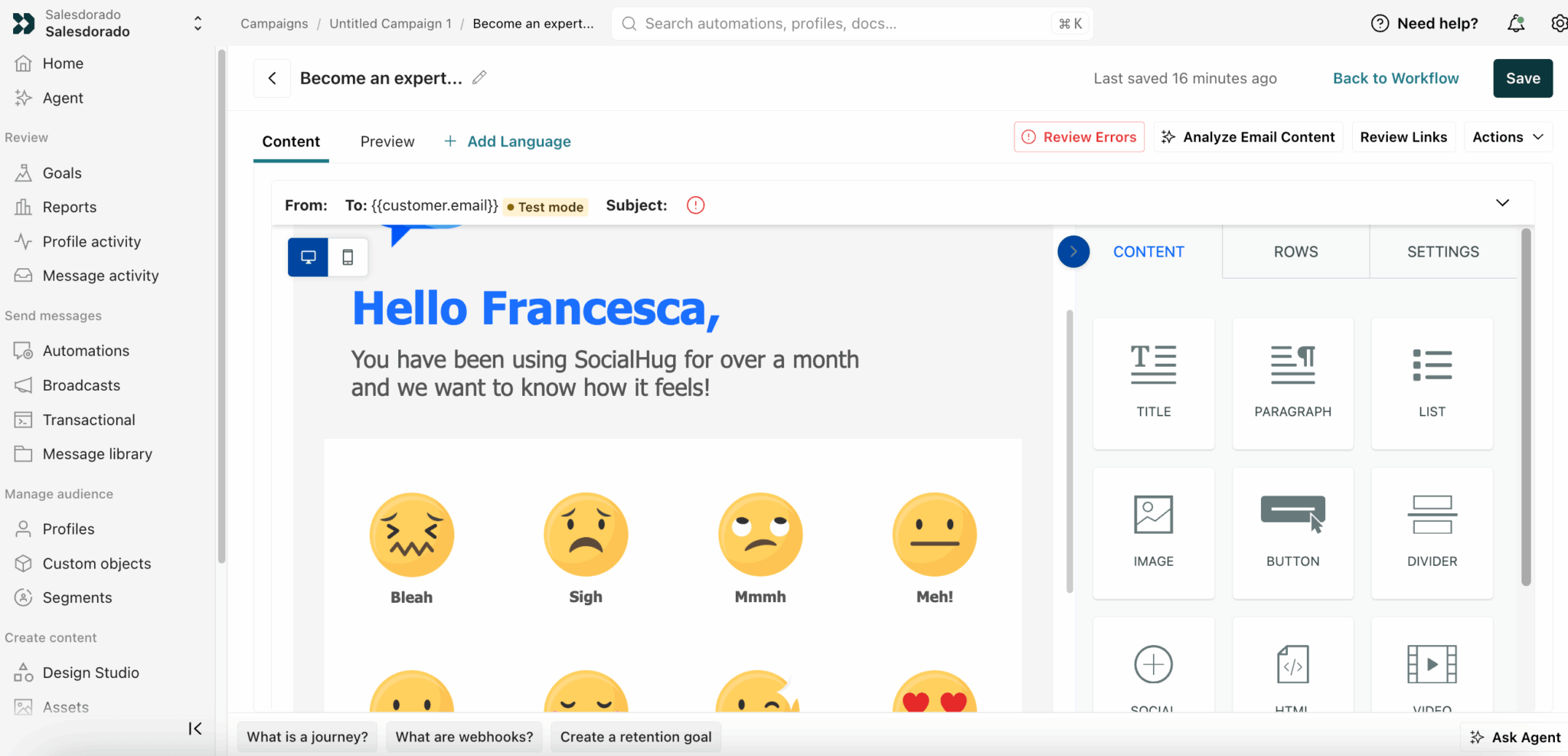 Éditeur d'email dans Customer.io