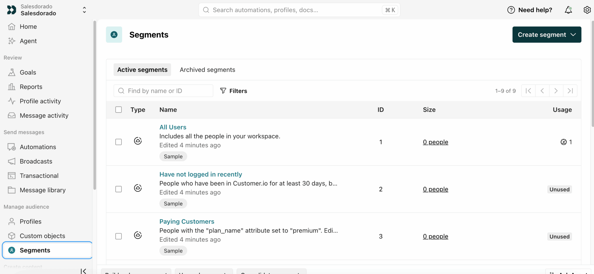 Liste des segments dans Customer.io
