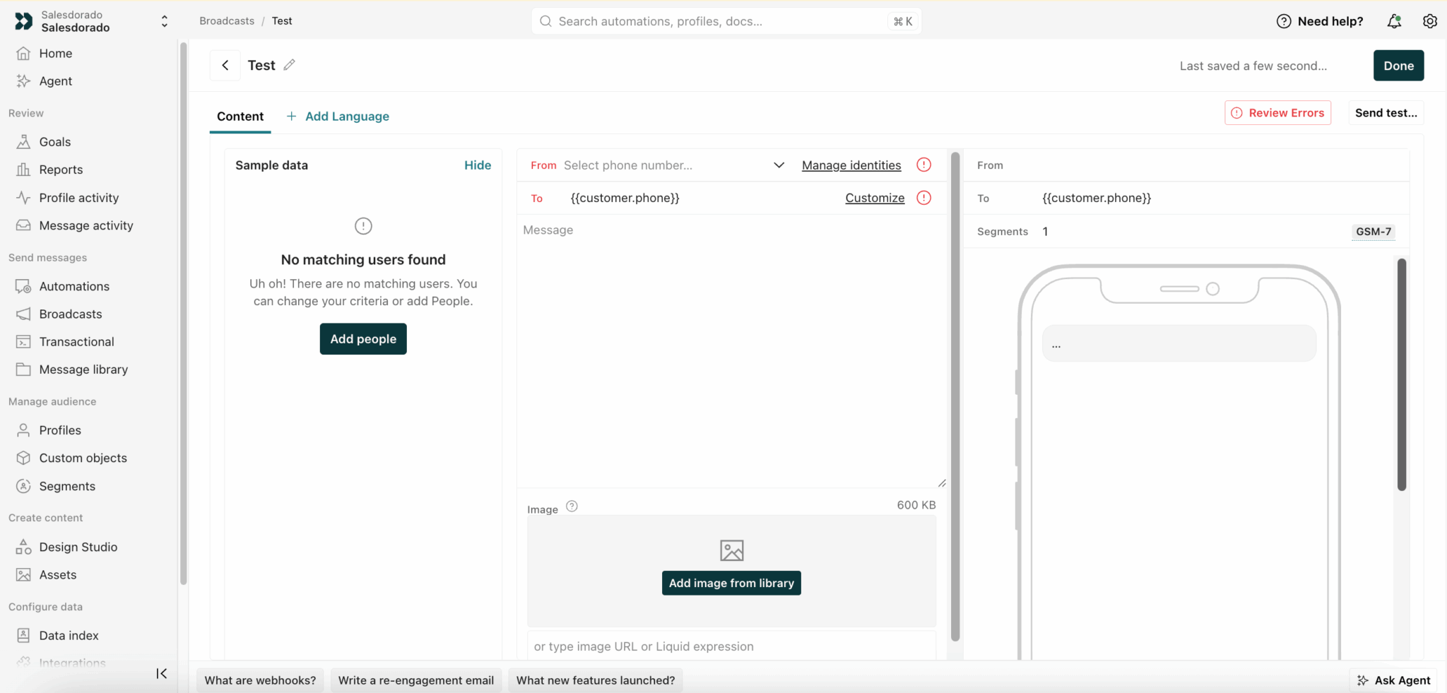 Éditeur SMS de Customer.io