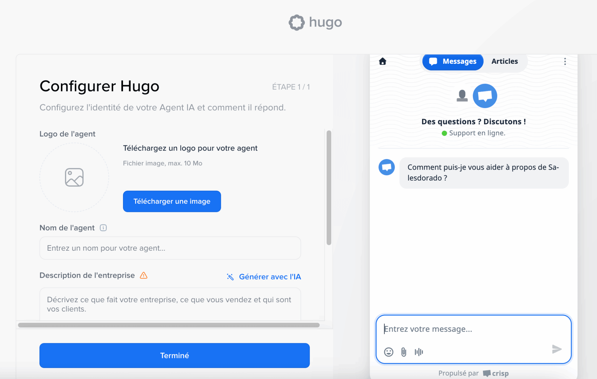 Configuring the Hugo AI agent in Crisp